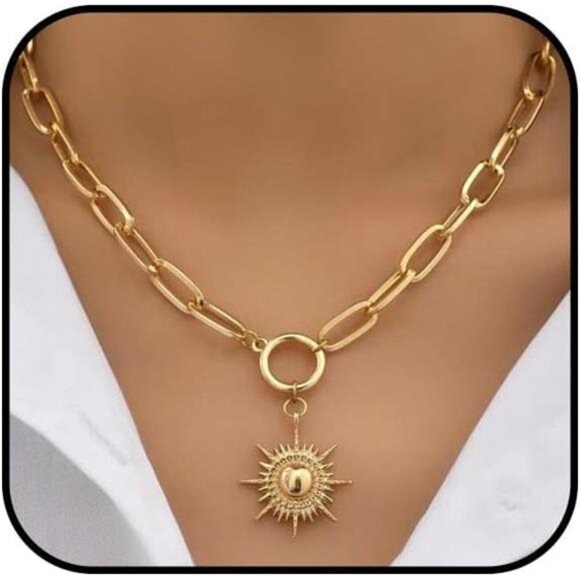 Gold Sun Pendant Necklace – Textured Radiant Choker Jewelry - Picture 1 of 3